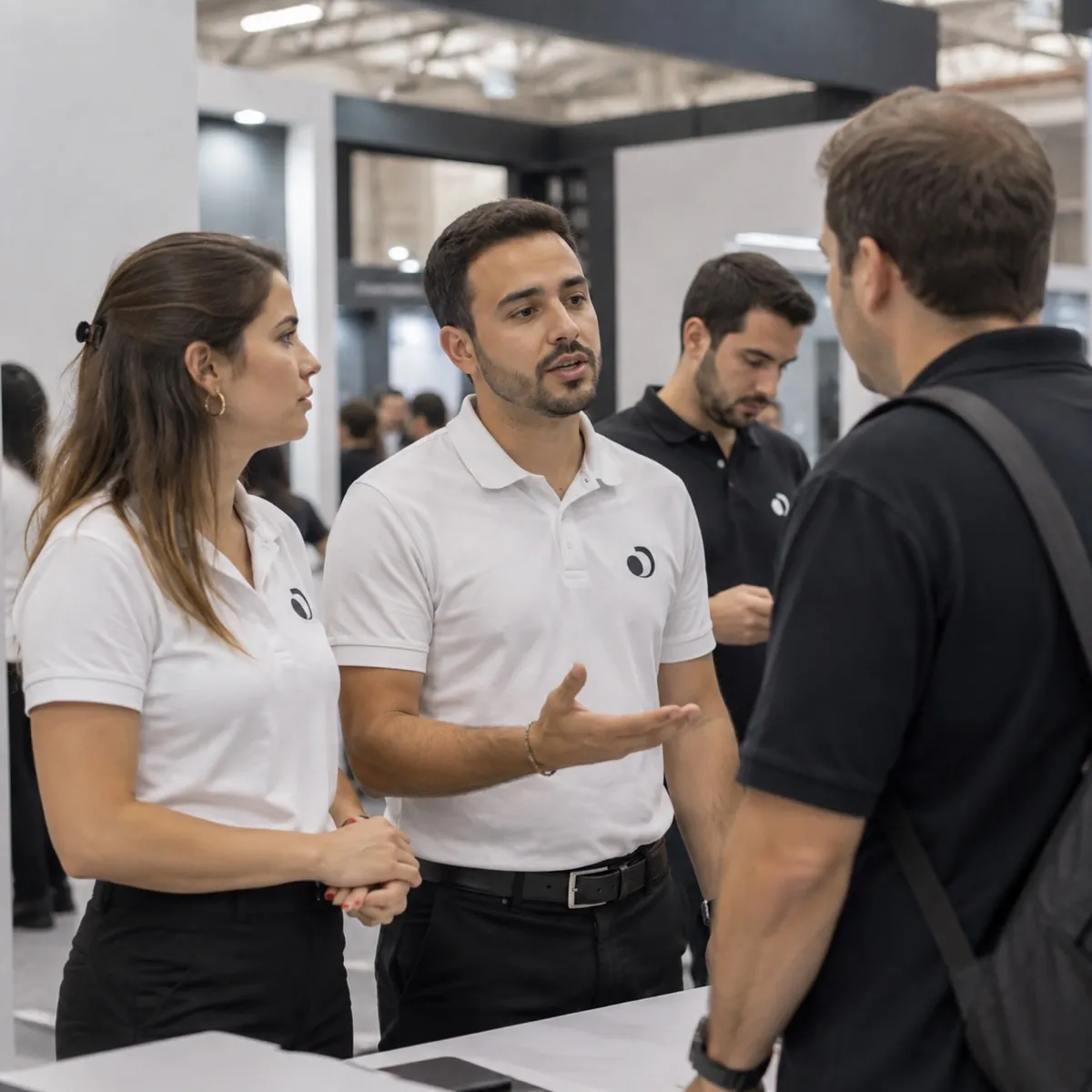 Equipe comercial de polo branca atendendo um visitante no estande de uma feira